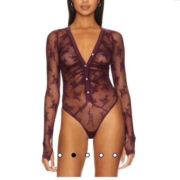 Free People Intimately Light Year Bodysuit XS Burgundy Sheer Mesh Snap Closure - Picture 2 of 6